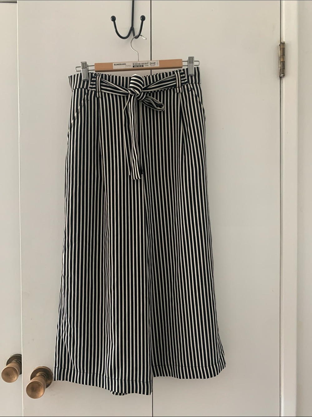 Zara Black and White Vertical Stripe A-Line Skirt with Tie Belt